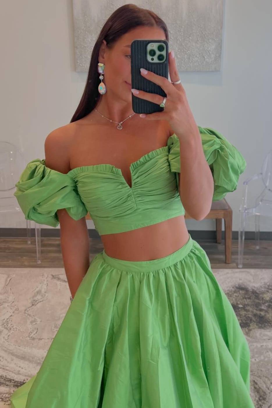 Green Two-Piece Off-The-Shoulder A-Line Party Prom Dresses