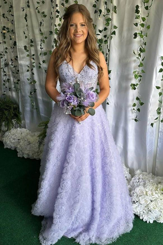 Lavender Long A-Line V-Neck Sleeveless Party Dresses