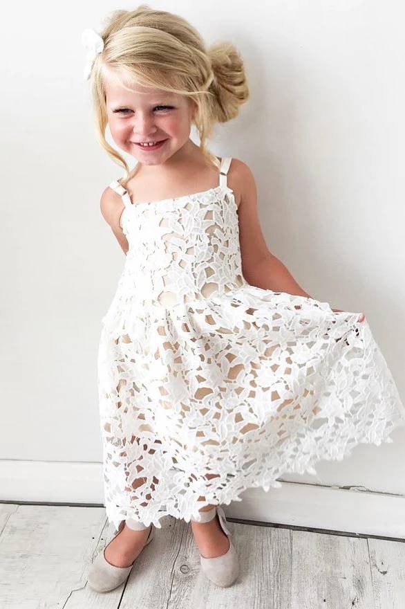 A-Line Sleeveless Tea-Length Lace Flower Girl Dresses