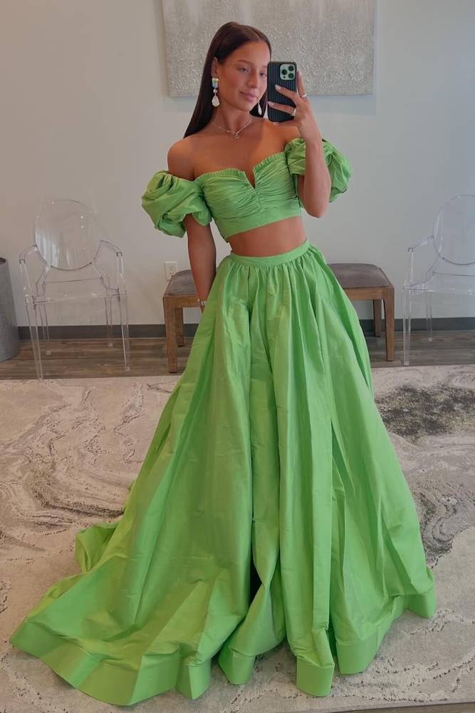 Green Two-Piece Off-The-Shoulder A-Line Party Prom Dresses