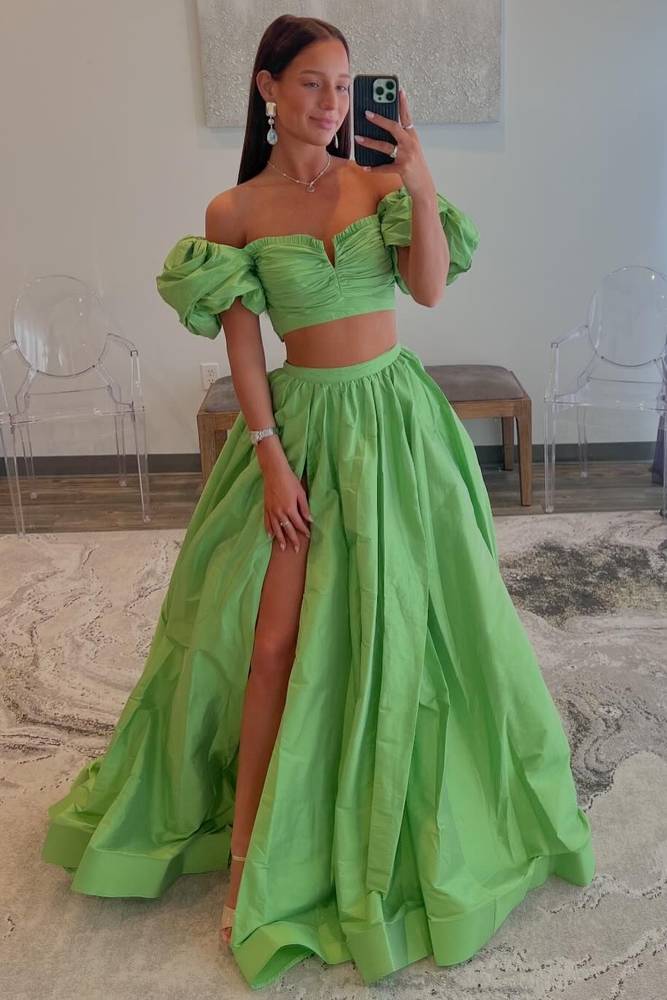 Green Two-Piece Off-The-Shoulder A-Line Party Prom Dresses