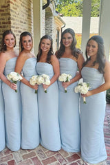 Floor-Length Blue Strapless Satin Bridesmaid Dresses