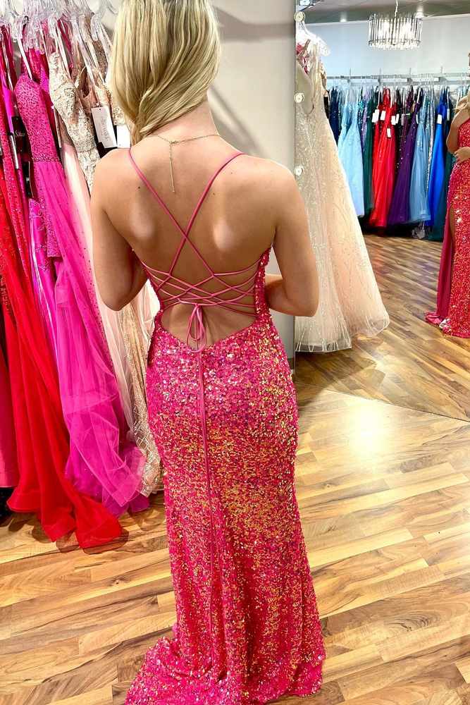 Spaghetti Straps Mermaid Sequin Prom Dresses with Slit