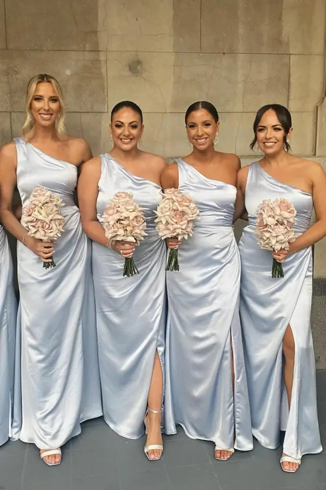 Sky Blue One-Shoulder Mermaid Satin Bridesmaid Dresses with Slit