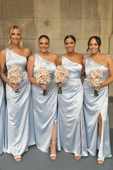 Sky Blue One-Shoulder Mermaid Satin Bridesmaid Dresses with Slit