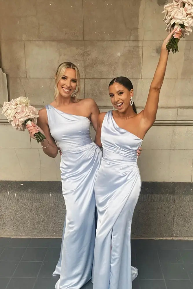 Sky Blue One-Shoulder Mermaid Satin Bridesmaid Dresses with Slit