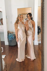 Halter Long Mermaid Satin Bridesmaid Dresses with Open Back