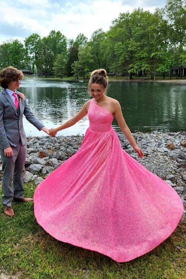 Pink One-Shoulder Sleeveless A-Line Sequin Prom Dresses