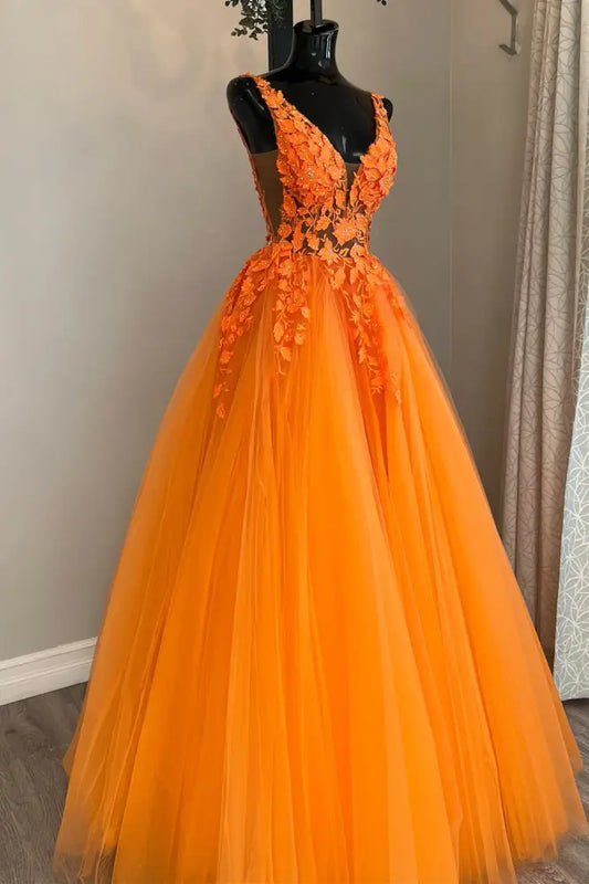 Orange V-Neck Sleeveless A-Line Tulle Formal Prom Dresses with Appliques