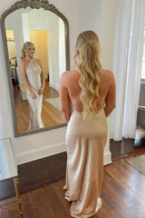 Halter Long Mermaid Satin Bridesmaid Dresses with Open Back