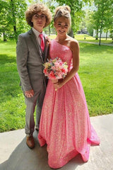 Pink One-Shoulder Sleeveless A-Line Sequin Prom Dresses