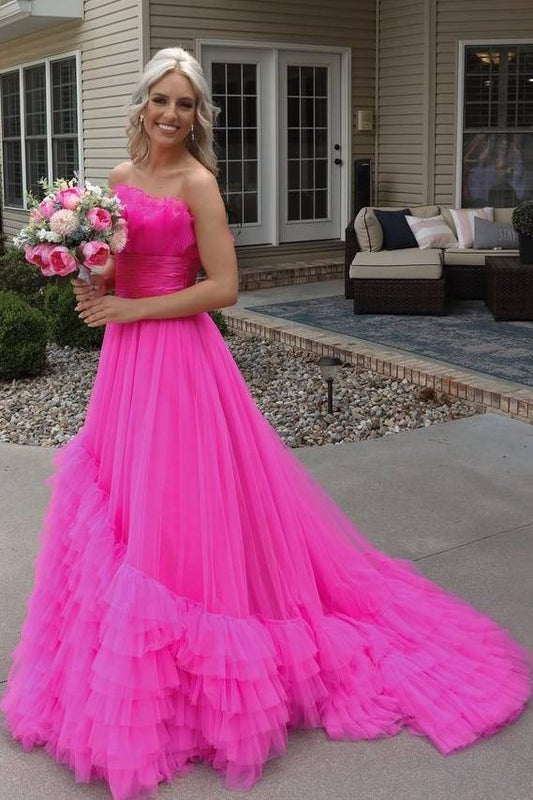 Charming Strapless Long A-Line Tulle Party Dresses