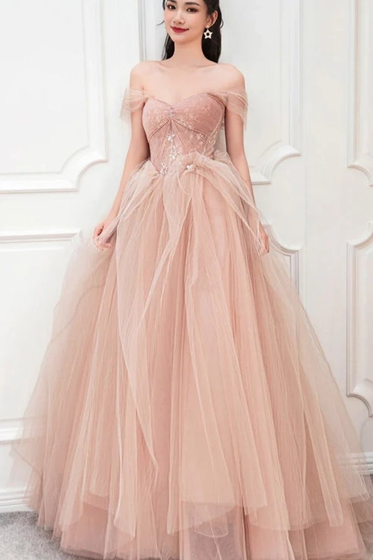 Stylish Dusty Rose Off-The-Shoulder A-Line Tulle Prom Dresses