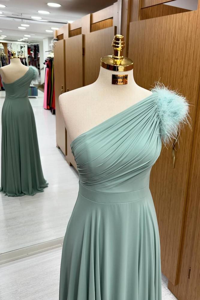 Dusty Sage One-Shoulder A-Line Chiffon Formal Prom Dresses with Fur