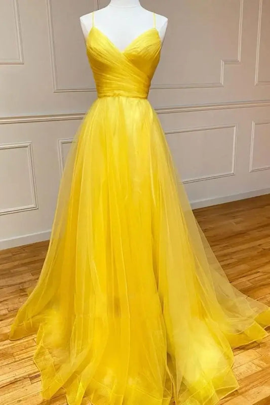 Yellow V-Neck A-Line Tulle Prom Dresses