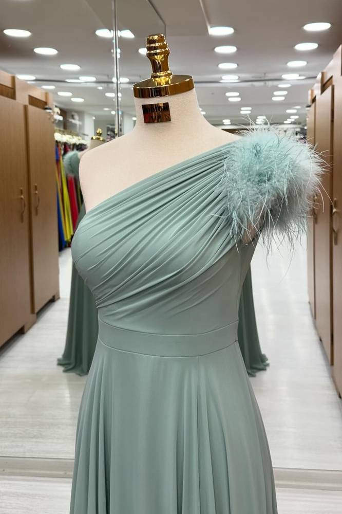 Dusty Sage One-Shoulder A-Line Chiffon Formal Prom Dresses with Fur