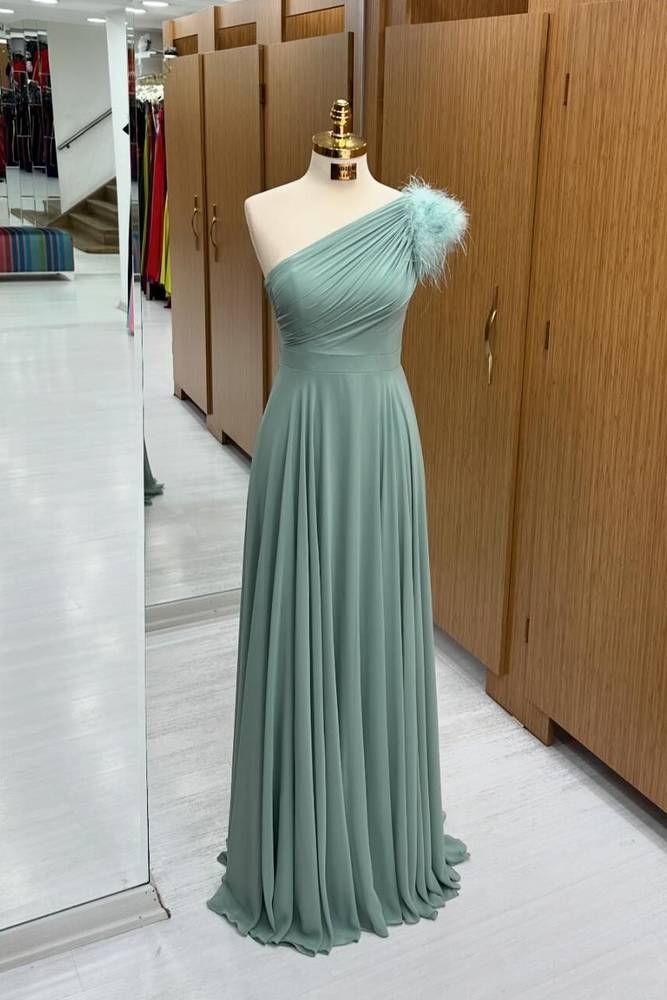 Dusty Sage One-Shoulder A-Line Chiffon Formal Prom Dresses with Fur