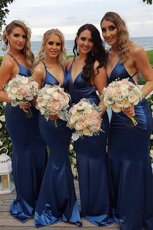 V-Neck Satin Mermaid Spaghetti Straps Bridesmaid Dresses