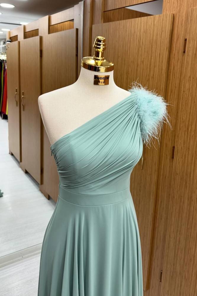 Dusty Sage One-Shoulder A-Line Chiffon Formal Prom Dresses with Fur