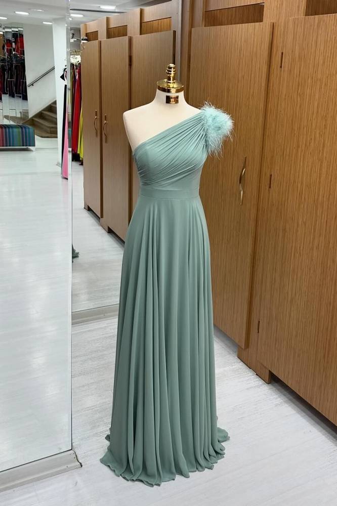 Dusty Sage One-Shoulder A-Line Chiffon Formal Prom Dresses with Fur