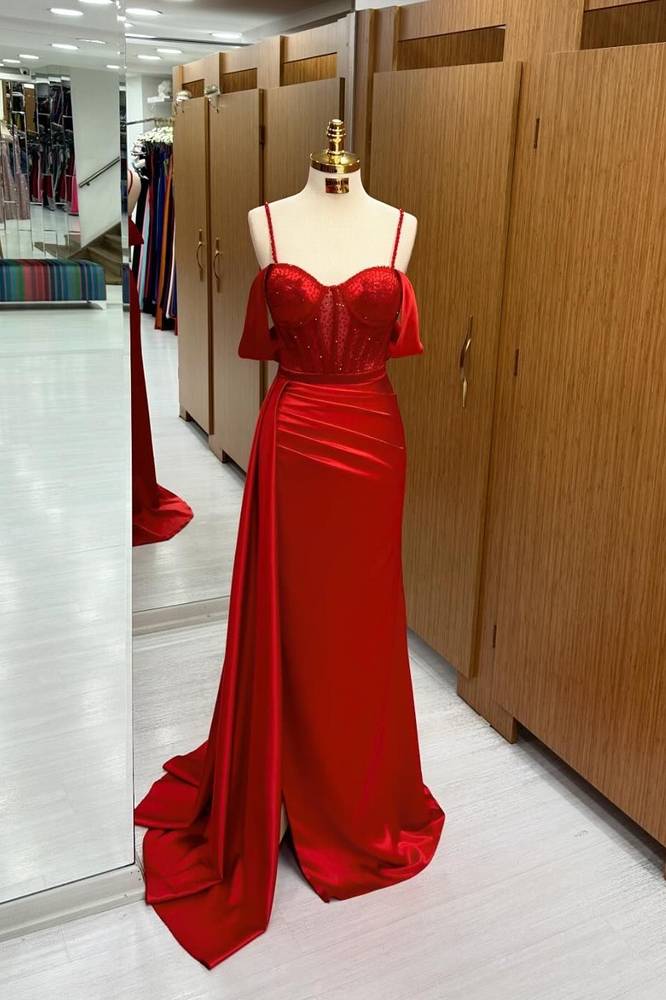 Red Off-The-Shoulder Spagehtti Straps Mermaid Prom Dresses