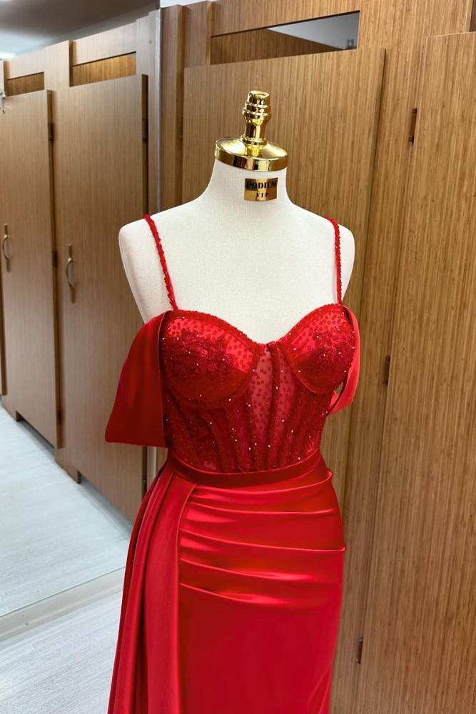 Red Off-The-Shoulder Spagehtti Straps Mermaid Prom Dresses