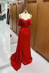 Red Off-The-Shoulder Spagehtti Straps Mermaid Prom Dresses