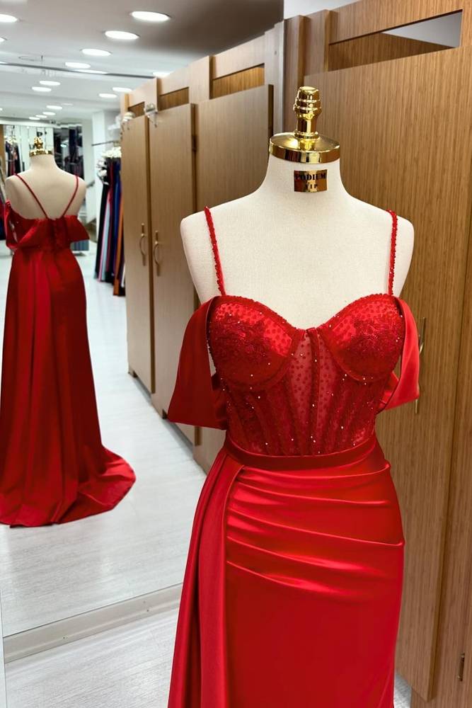 Red Off-The-Shoulder Spagehtti Straps Mermaid Prom Dresses