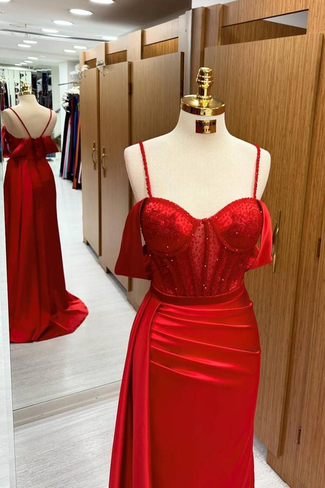 Red Off-The-Shoulder Spagehtti Straps Mermaid Prom Dresses