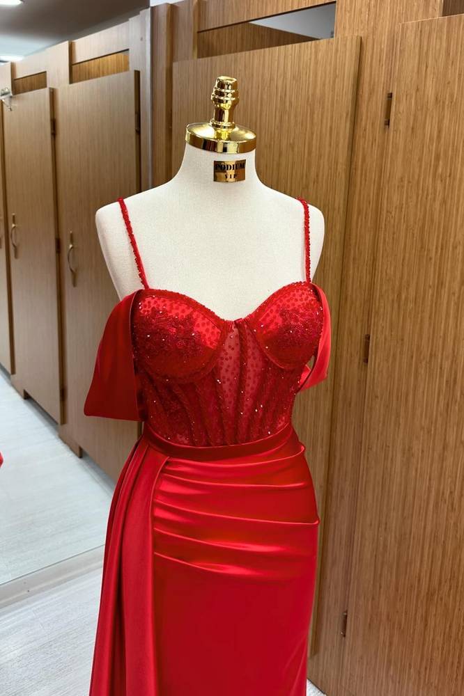 Red Off-The-Shoulder Spagehtti Straps Mermaid Prom Dresses