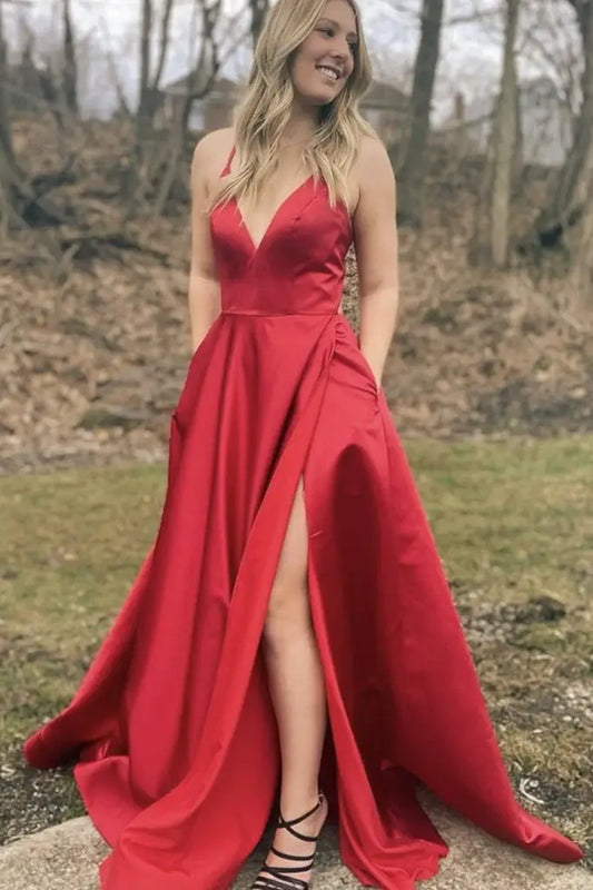 Red A-Line Satin Spaghetti Straps Formal Dresses with Slit