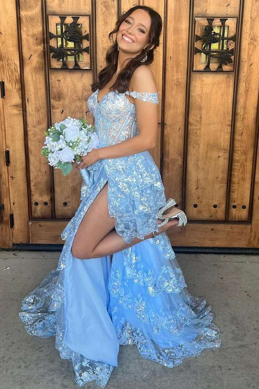 Light Blue Off-The-Shoulder A-Line Tulle Sequin Party Dresses with Slit