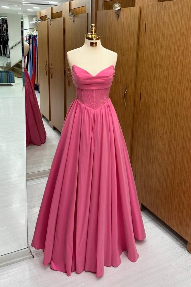 Pink Floor-Length V-Neck Strapless Satin Prom Dresses 