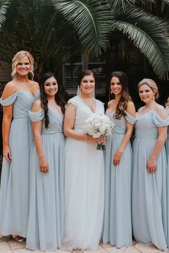 Sky Blue Off-The-Shoulder A-Line Chiffon Bridesmaid Dresses