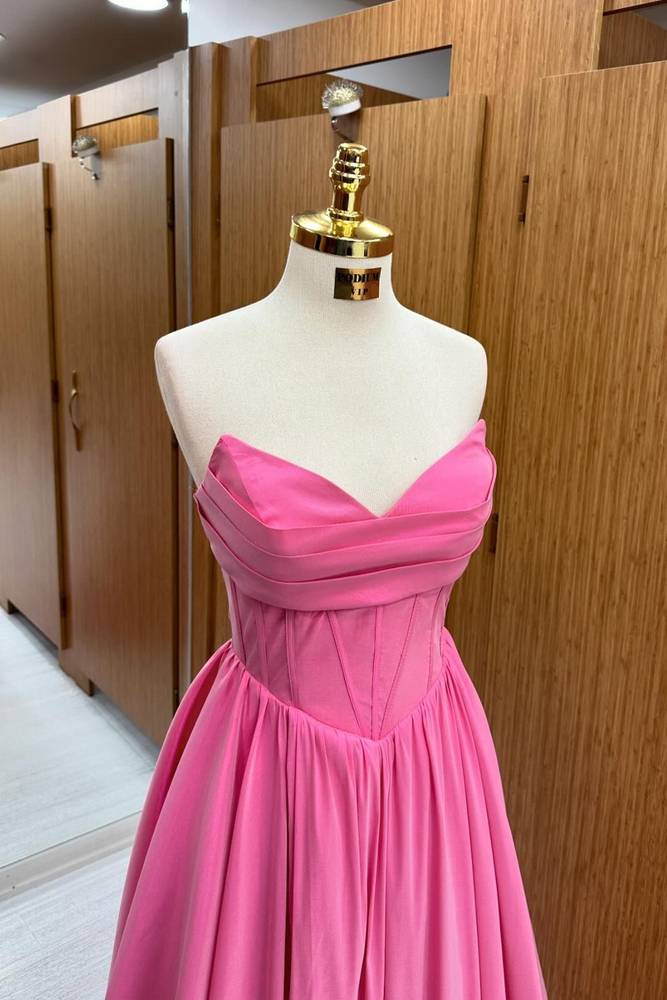 Pink Floor-Length V-Neck Strapless Satin Prom Dresses 