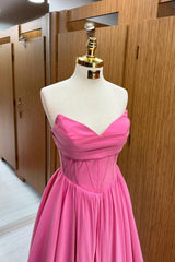 Pink Floor-Length V-Neck Strapless Satin Prom Dresses 