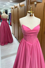 Pink Floor-Length V-Neck Strapless Satin Prom Dresses 