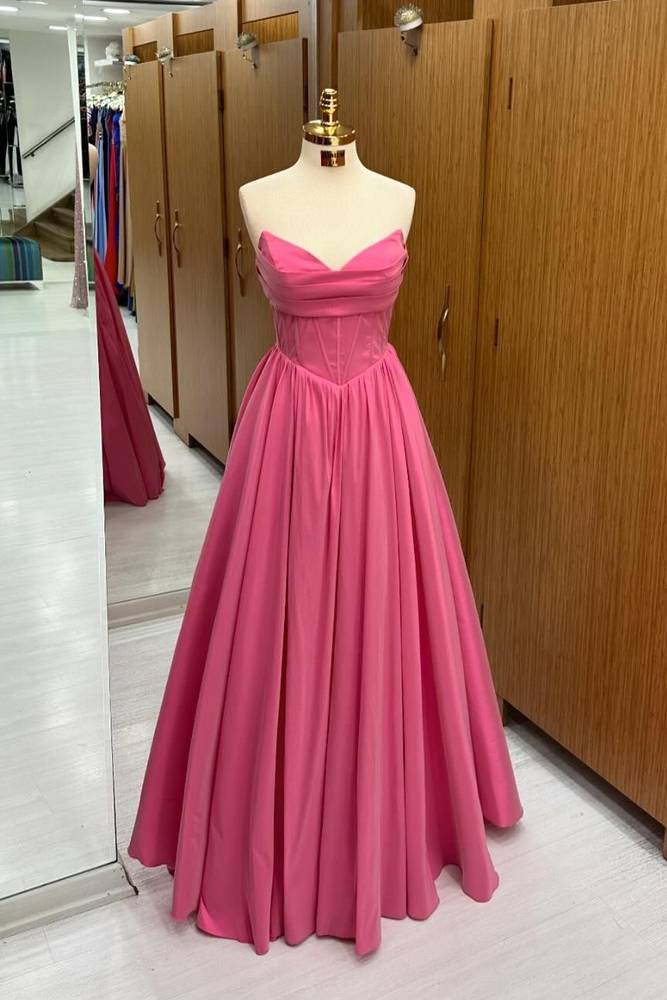 Pink Floor-Length V-Neck Strapless Satin Prom Dresses 