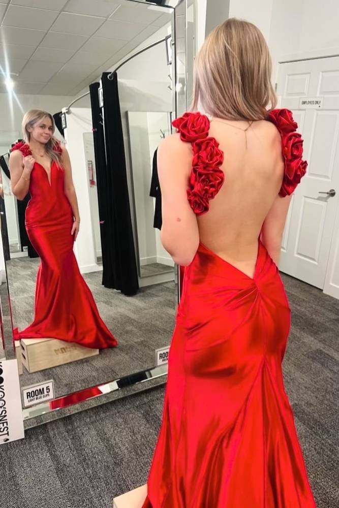 Red V-Neck Mermaid Satin Prom Formal Dresses with Handmade Flowers