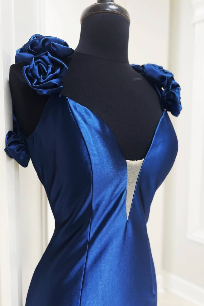 Blue V-Neck Mermaid Satin Prom Formal Dresses with Handmade Flowers