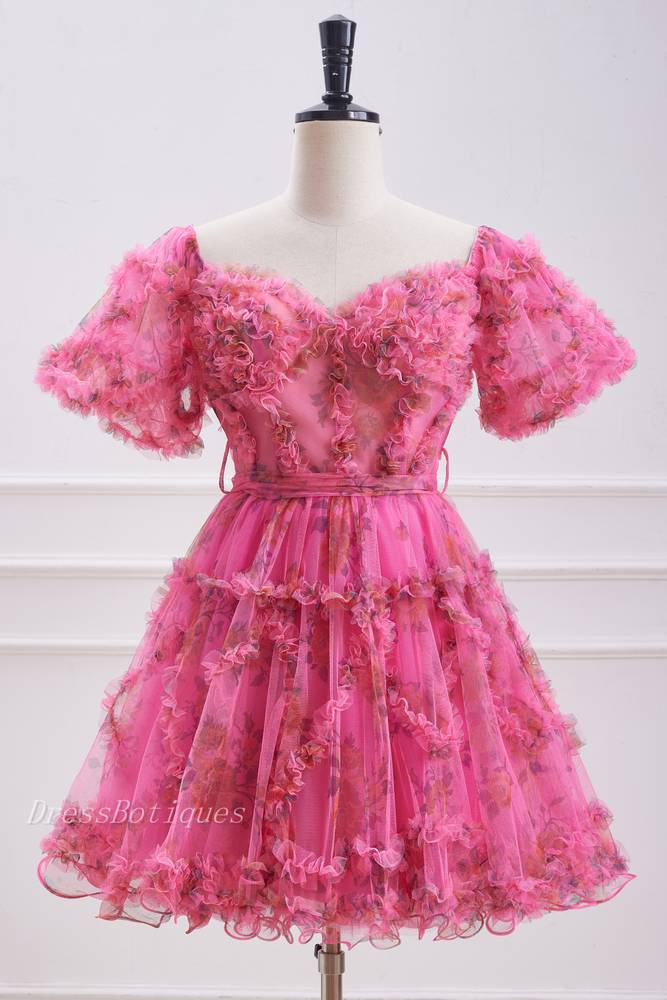 Fuchsia Short Sleeves A-Line Floral Tulle Homecoming Dresses