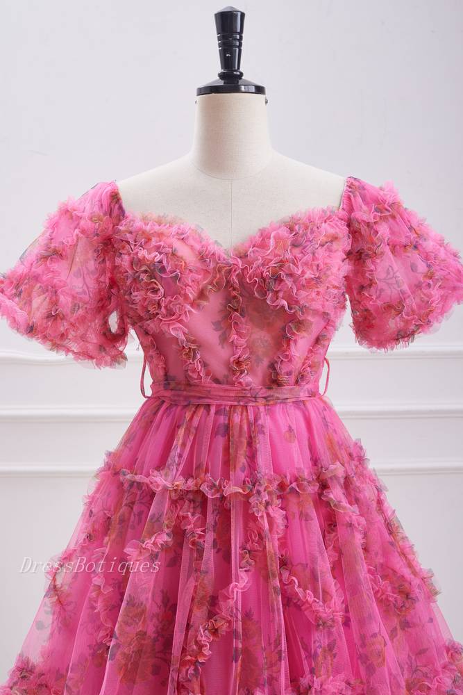 Fuchsia Short Sleeves A-Line Floral Tulle Homecoming Dresses