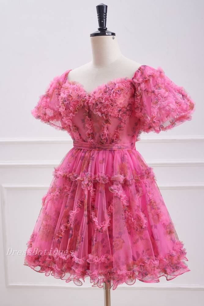 Fuchsia Short Sleeves A-Line Floral Tulle Homecoming Dresses