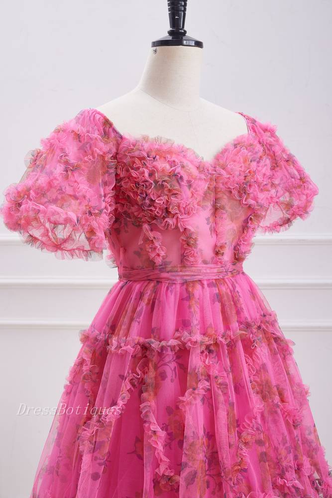 Fuchsia Short Sleeves A-Line Floral Tulle Homecoming Dresses