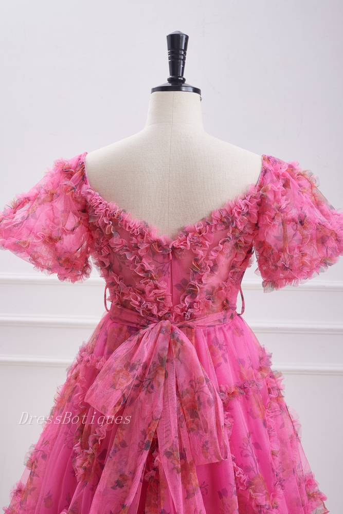 Fuchsia Short Sleeves A-Line Floral Tulle Homecoming Dresses