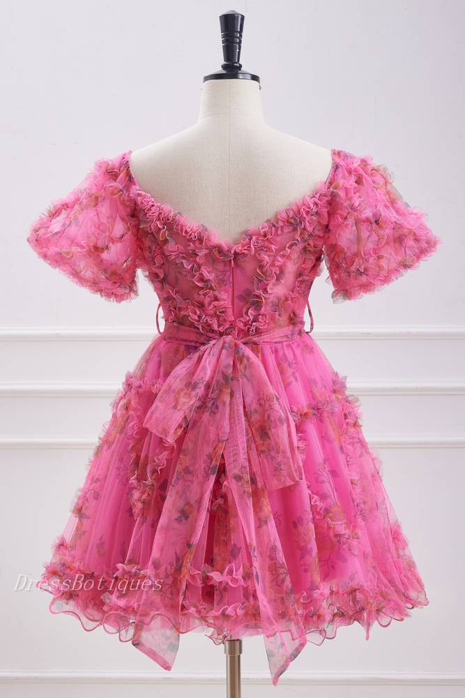 Fuchsia Short Sleeves A-Line Floral Tulle Homecoming Dresses