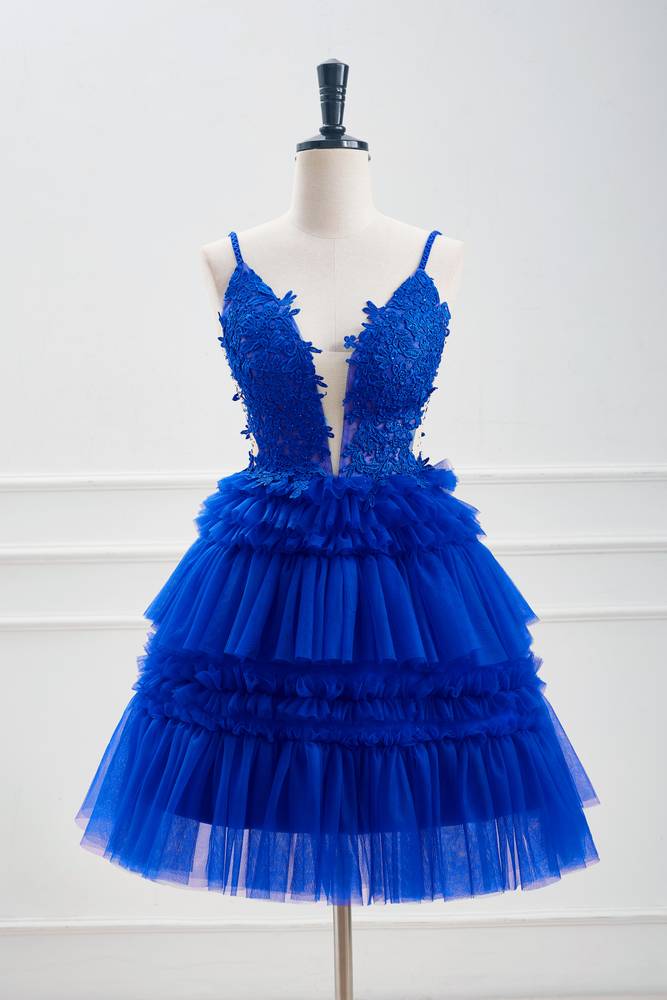 Royal Blue Spaghetti Straps A-Line Tulle Homecoming Dresses