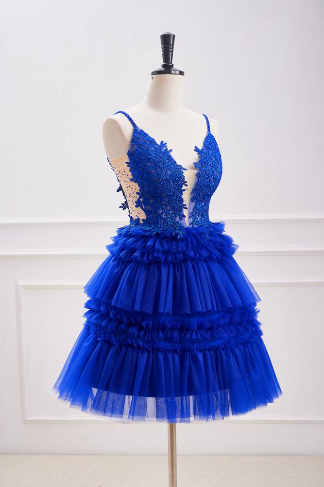 Royal Blue Spaghetti Straps A-Line Tulle Homecoming Dresses