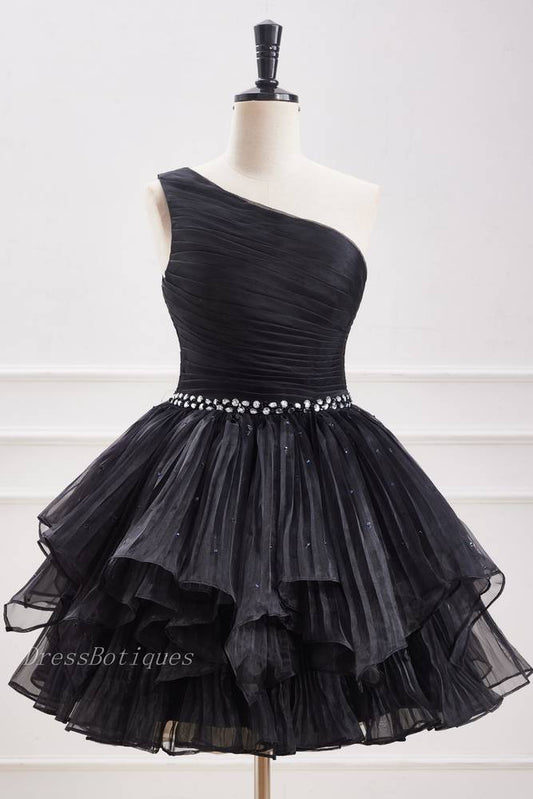 Black One-Shoulder A-Line Tulle Homecoming Dresses with Beads