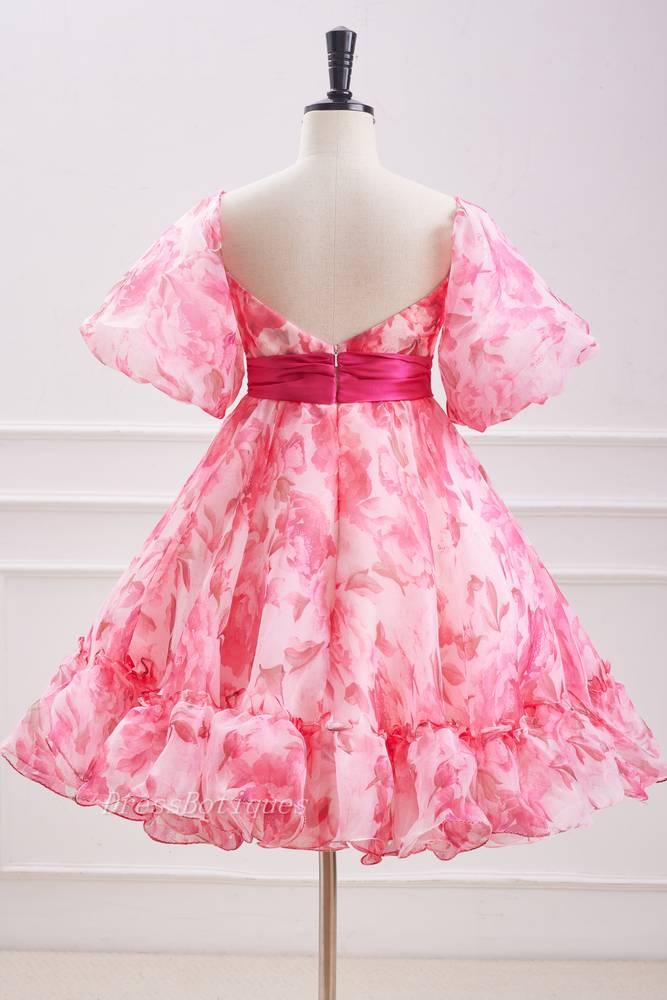 Pink A-Line Tulle Short Sleeves Homecoming Dresses with Sash